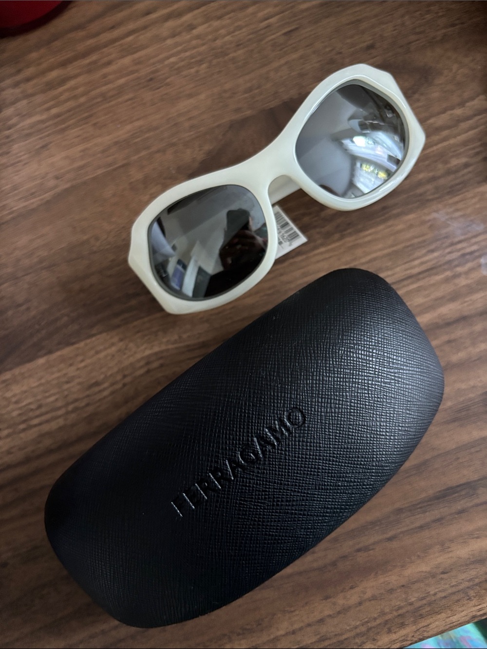 Ferragamo Cream Frame Sunglasses with Black Lense